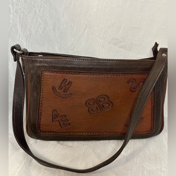 American West Brown Leather Shoulder Bag with Tooled Cattle Brand Design - Picture 1 of 13